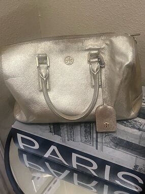 Tory Burch Silver Metallic Saffiano Satchel